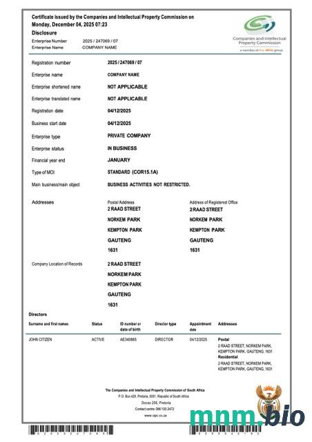 Republika Południowej Afryki certyfikat rejestracji firmy Word i szablon PDF